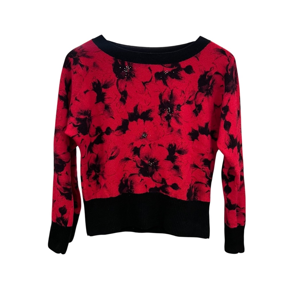 Vintage Montagut Red‎ Black Floral Jacquard Cashmere Sweater Pullover Small
